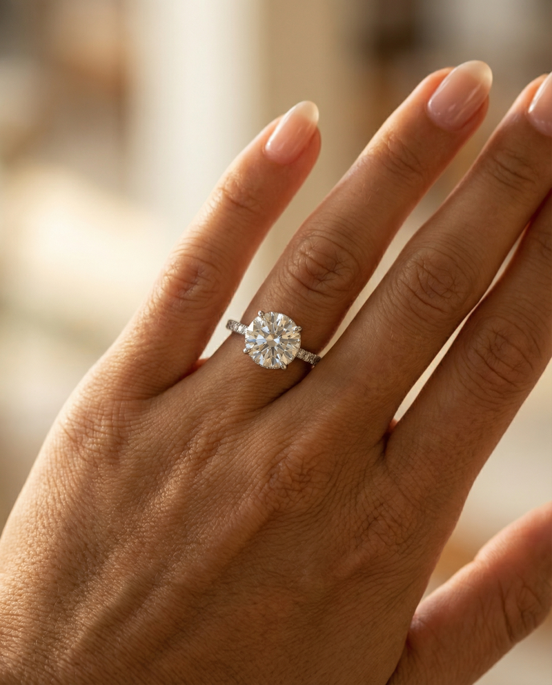 The Lina Signature round-cut diamond engagement ring in 14K white gold, worn on hand — The Jewel Dude