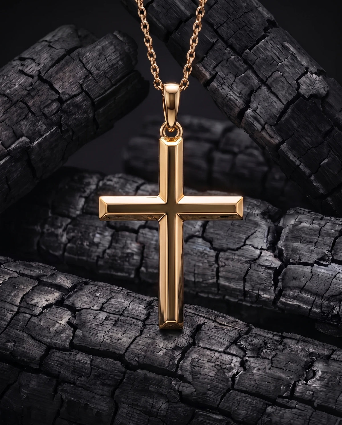 Facet Cross minimal solid yellow gold cross pendant on chain, front view