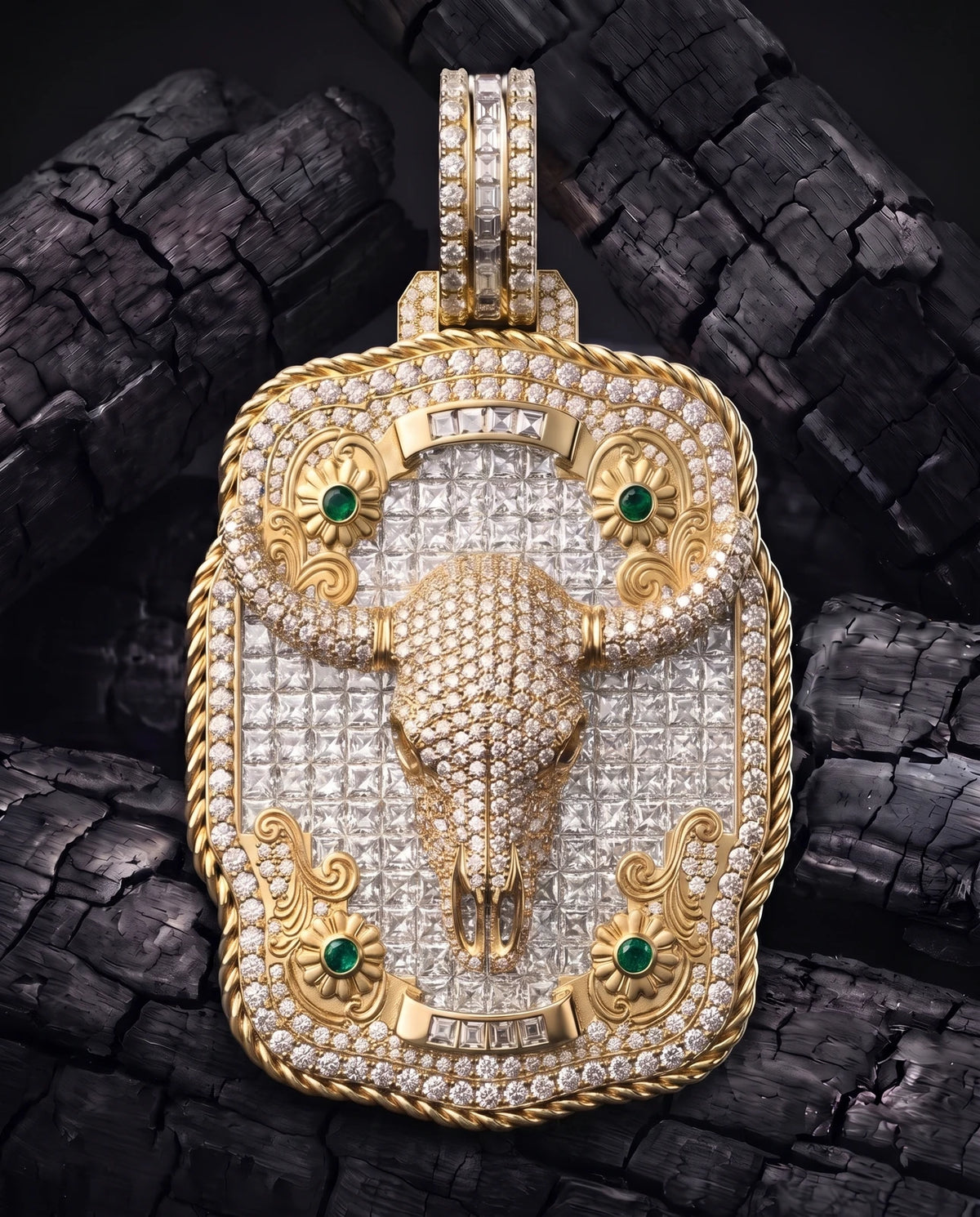 Championship Trophy Buckle gold pendant with diamond longhorn skull, front view