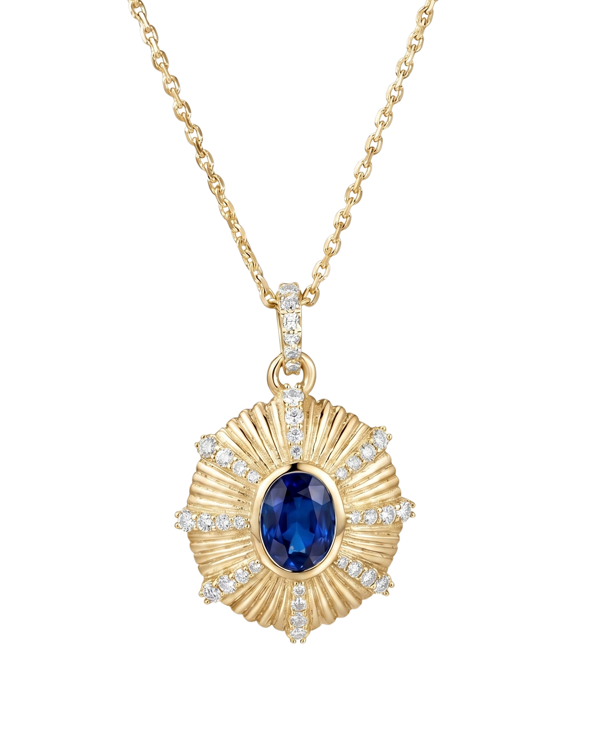 Gold necklace with a blue gemstone pendant on a white background