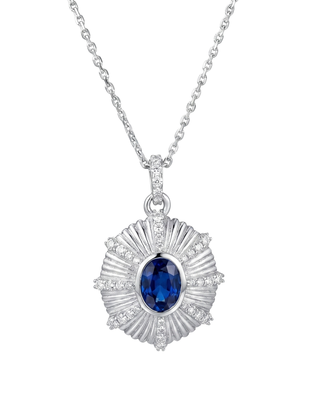Silver necklace with a blue gemstone pendant on a white background
