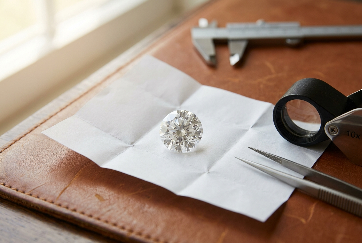 Loose round brilliant lab-grown diamond on parcel paper with jeweler's loupe and tweezers