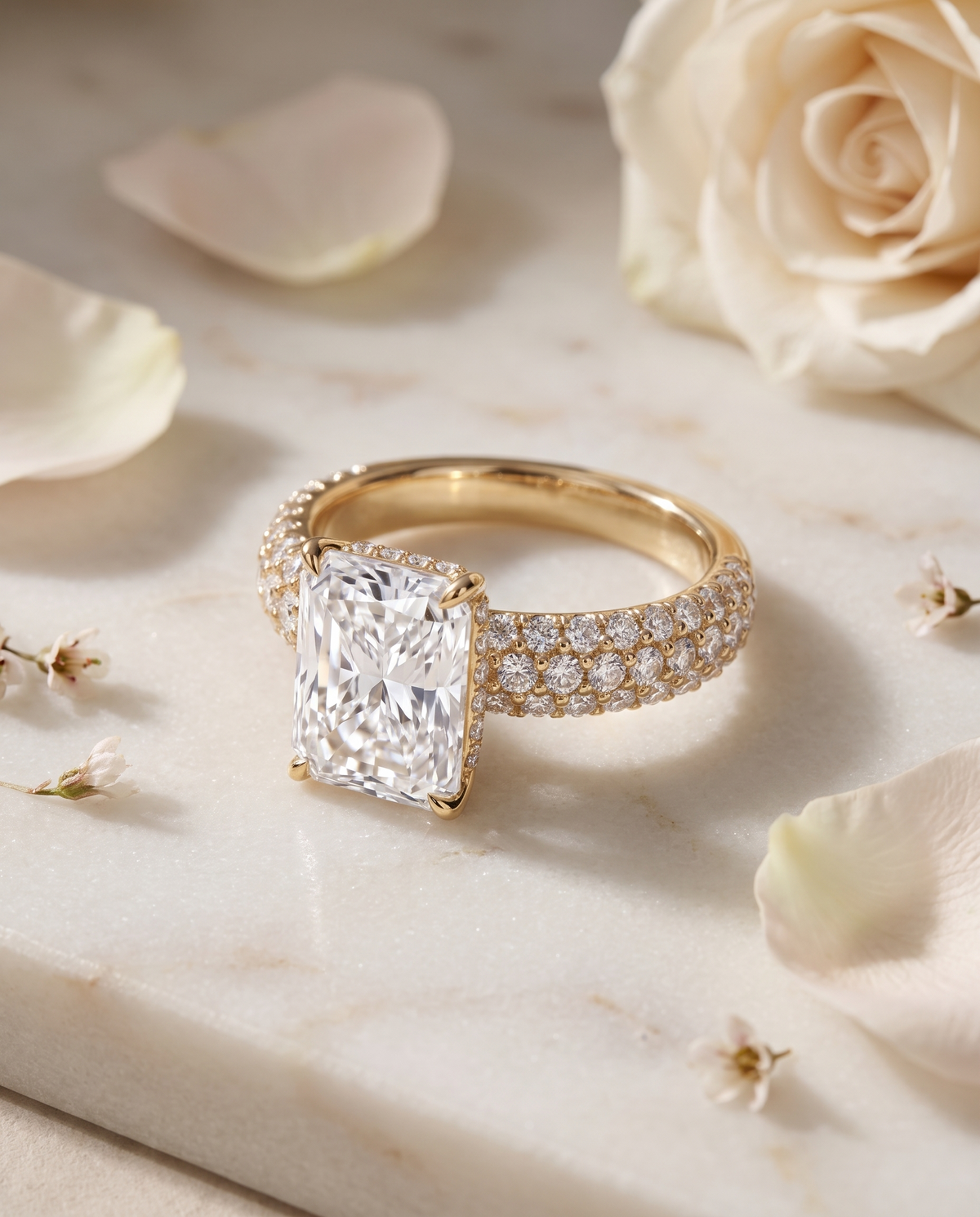 The Lina 3-Row Pavé | Radiant Cut | 14K Yellow Gold