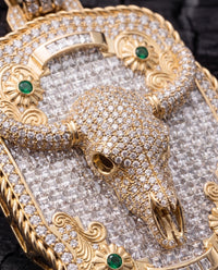 Close-up of the micro-pavé longhorn skull and invisible-set diamond field