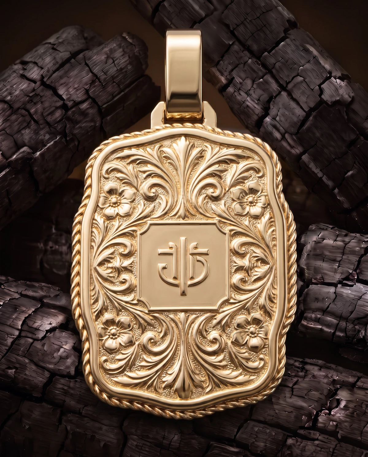 Championship Trophy Buckle back plate with engraved floral scrollwork and monogram