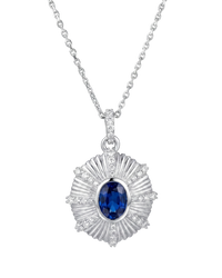 Silver necklace with a blue gemstone pendant on a white background